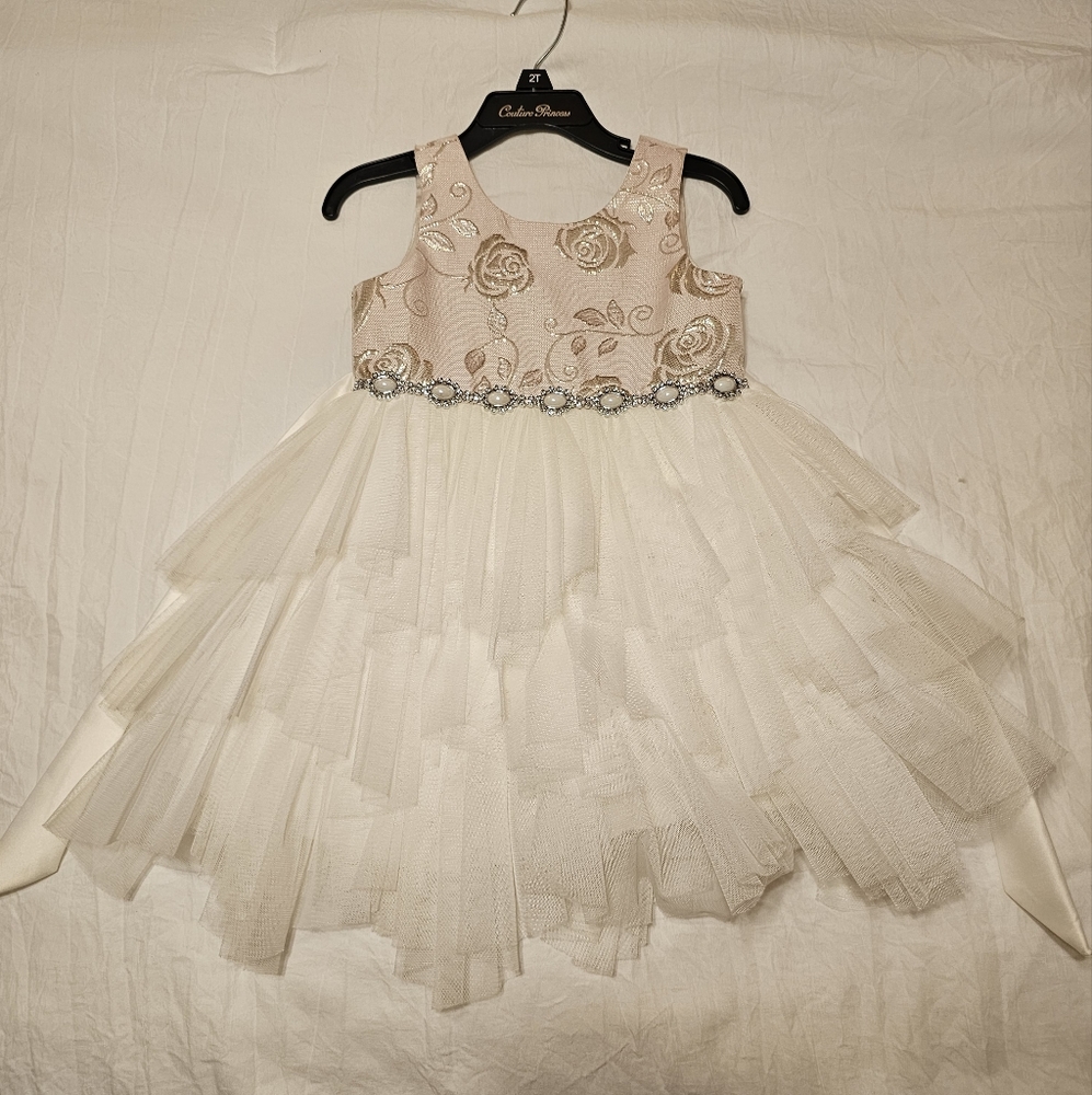 Couture Princess Light Pink Tulle Dress w/ Silver Embossed Roses & Pearl Crystal